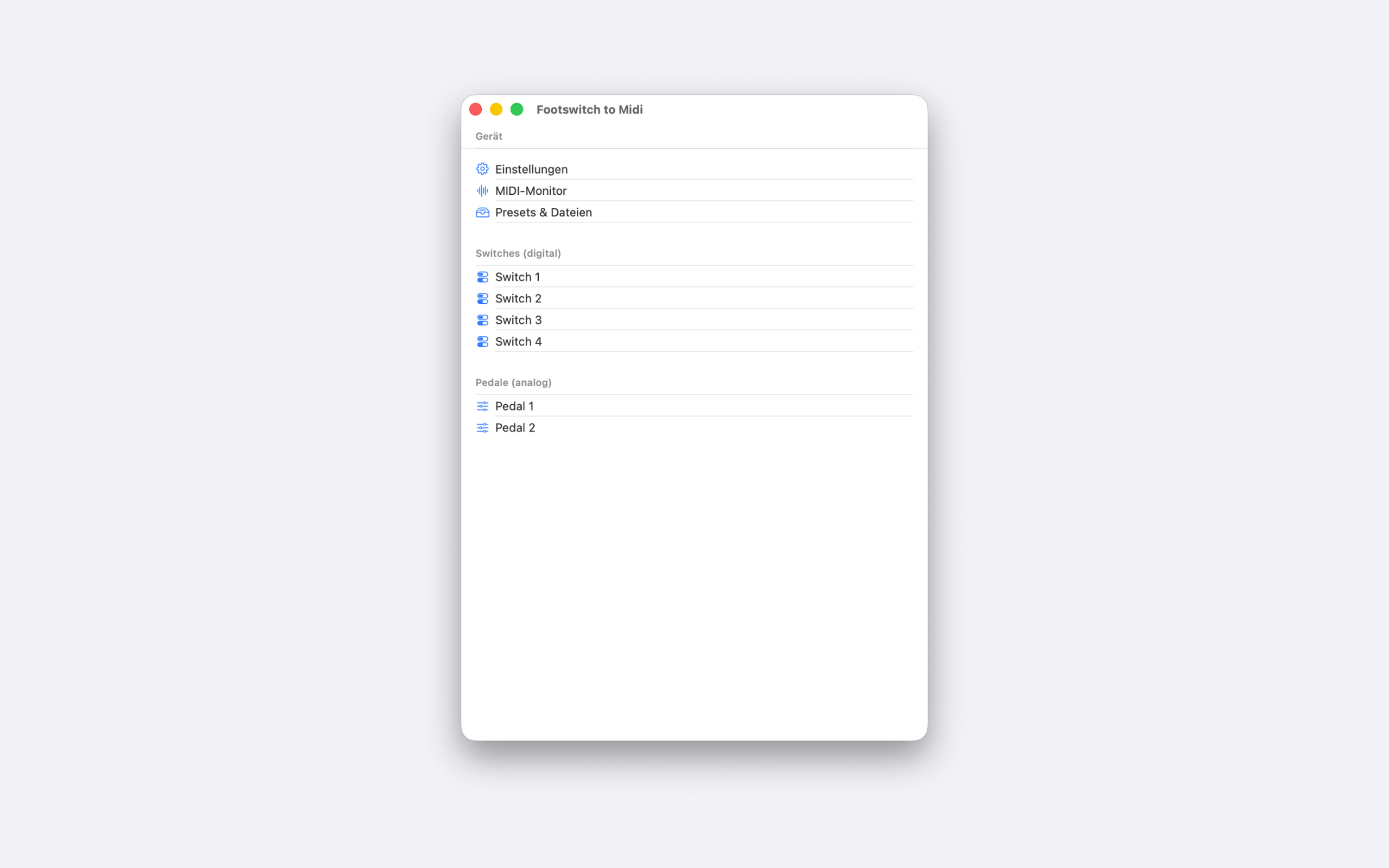 Footswitch to Midi – Hauptansicht mit Switches und Pedalen